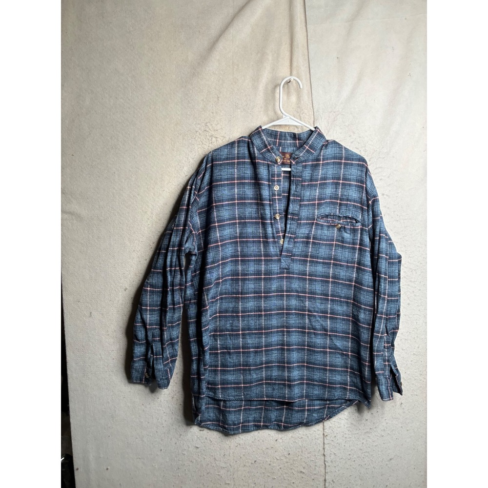 Lee Valley Ireland Flannel Grandfather Shirt Blue Plaid Band Collar Pullover M